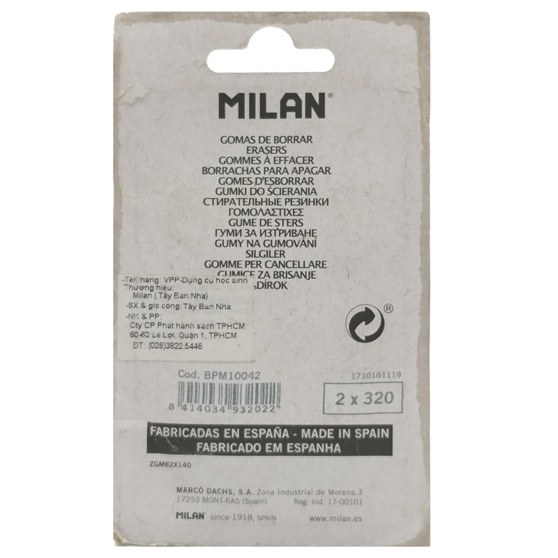 Milan BPM9208 - Confezione Da 2 Gomme In Plastica Bianca 612, Morbide E Non Abrasive, 7,8x2,3x1,2 Cm