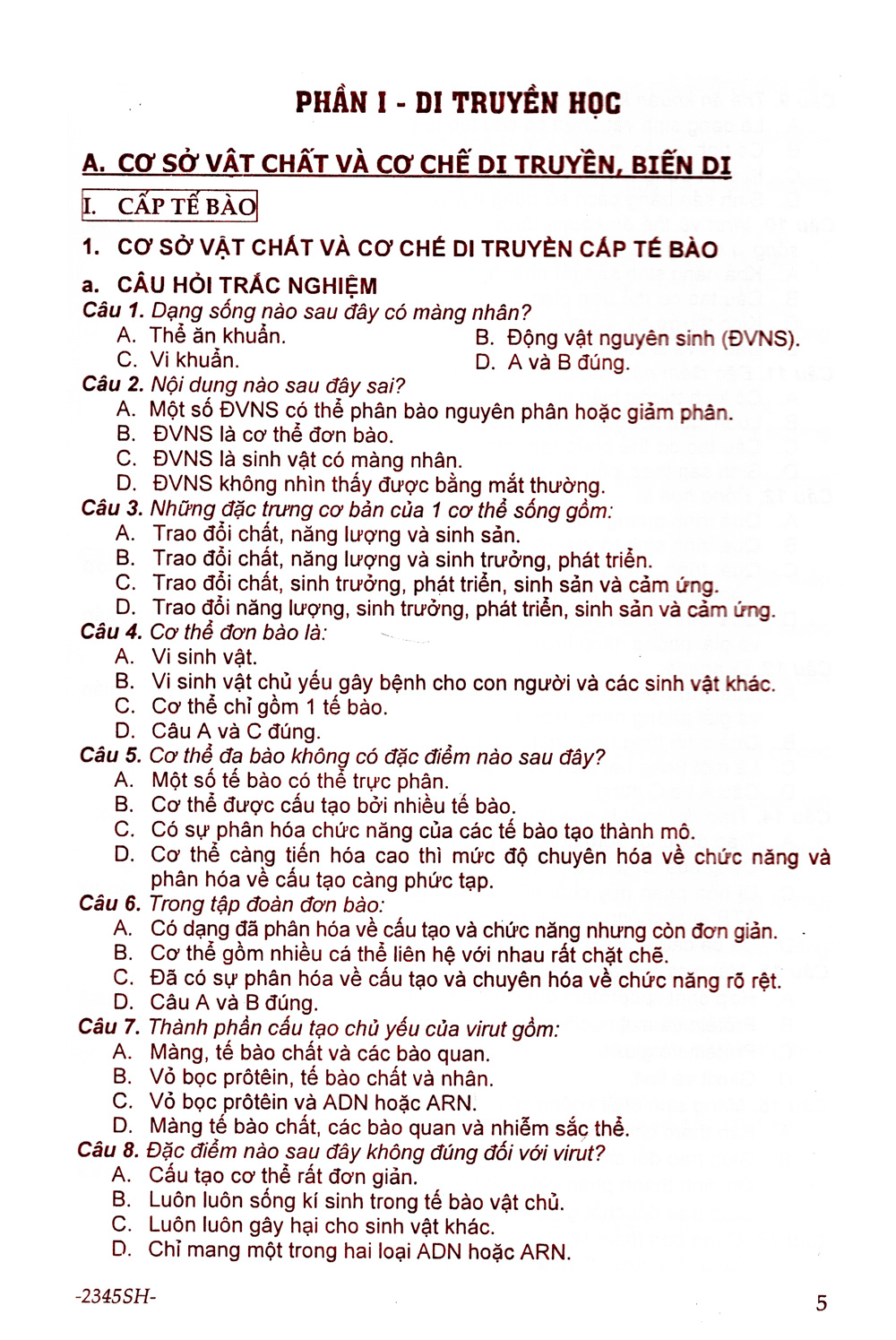 Sách 2345 Câu Hỏi & Bài Tập Trắc Nghiệm Sinh Học (Tập 1) - FAHASA.COM